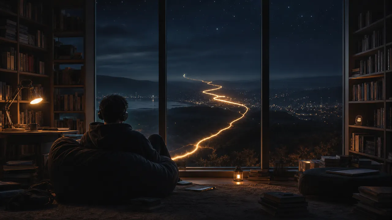 A person in headphones sits in a dark library while a warm trail of light stretches into a night horizon