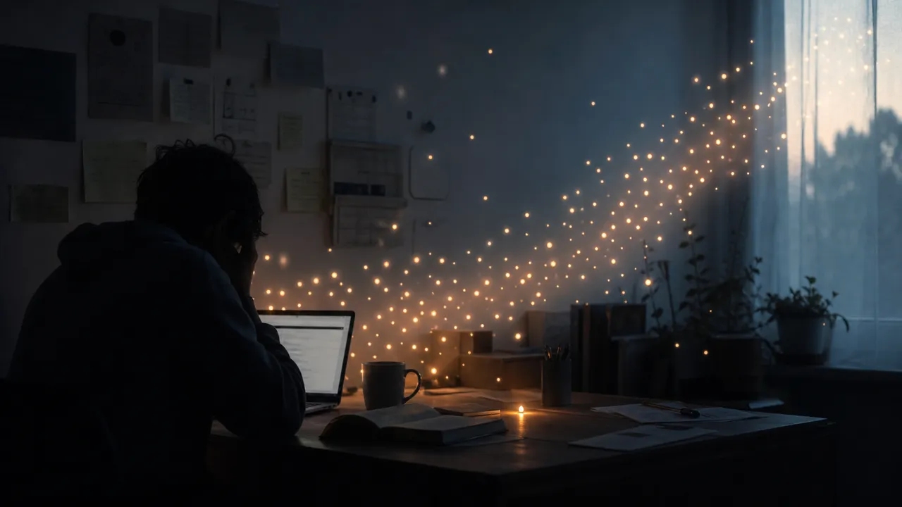 A tired solo developer sits at a dawn desk as small warm lights gather into an upward path